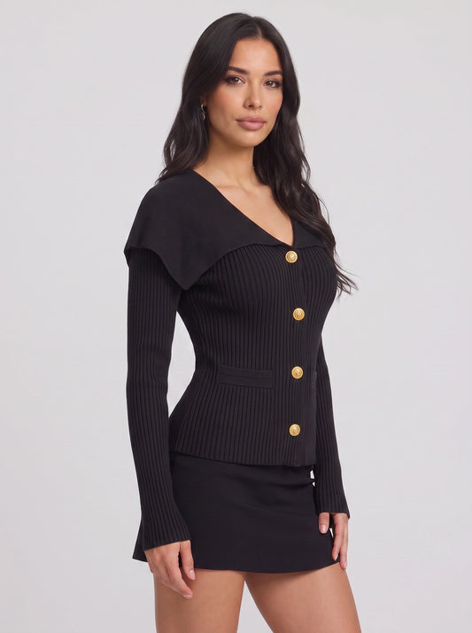 Colinne Ribbed Button-Front Cardigan – Knit Women Office Elegant Gold Button Detail Fitted Cardigan