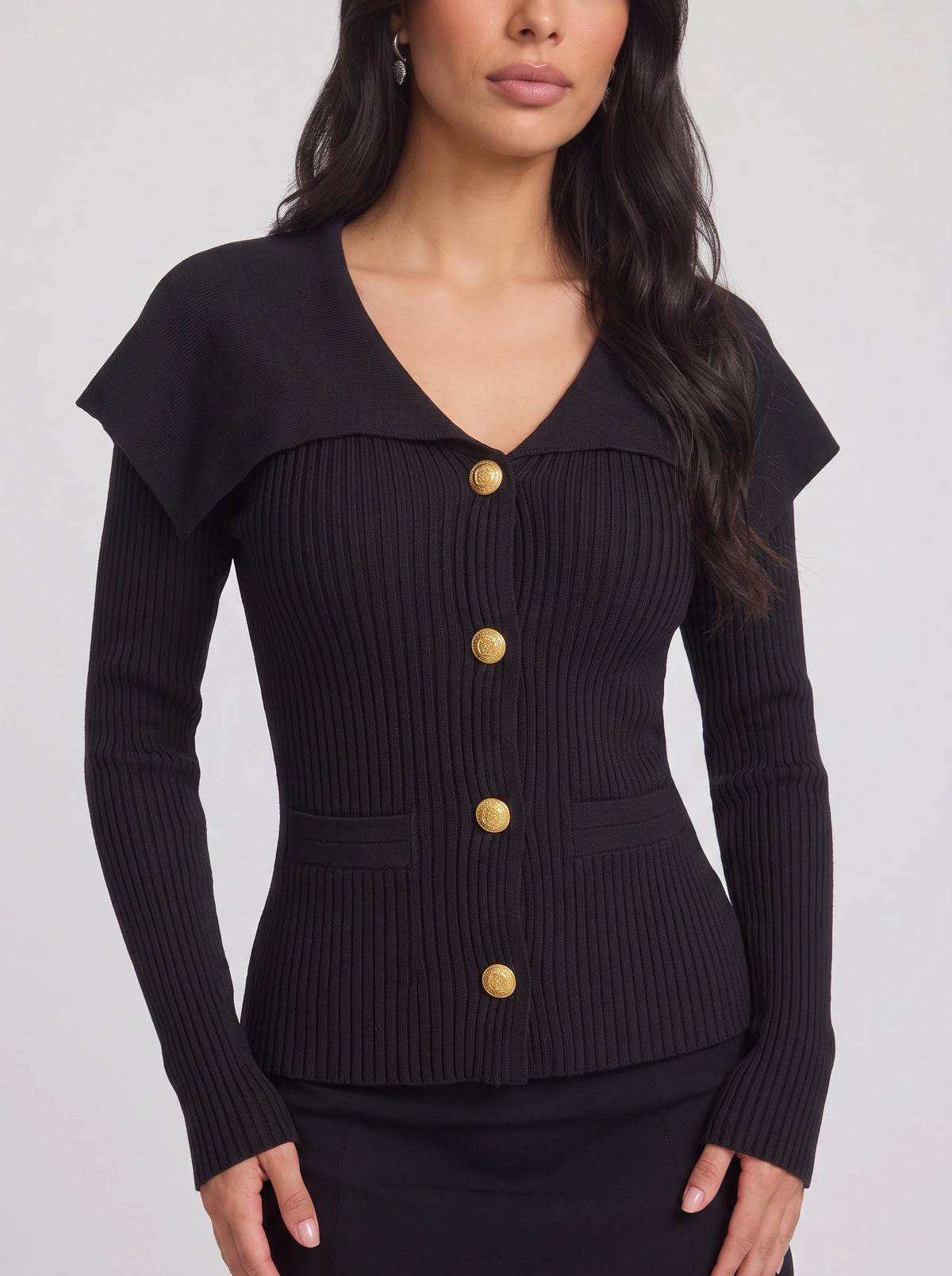 Colinne Ribbed Button-Front Cardigan – Knit Women Office Elegant Gold Button Detail Fitted Cardigan