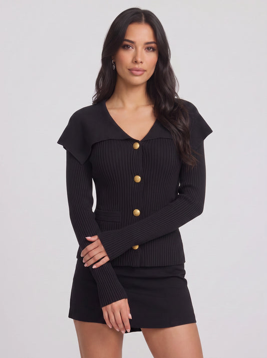 Colinne Ribbed Button-Front Cardigan – Knit Women Office Elegant Gold Button Detail Fitted Cardigan
