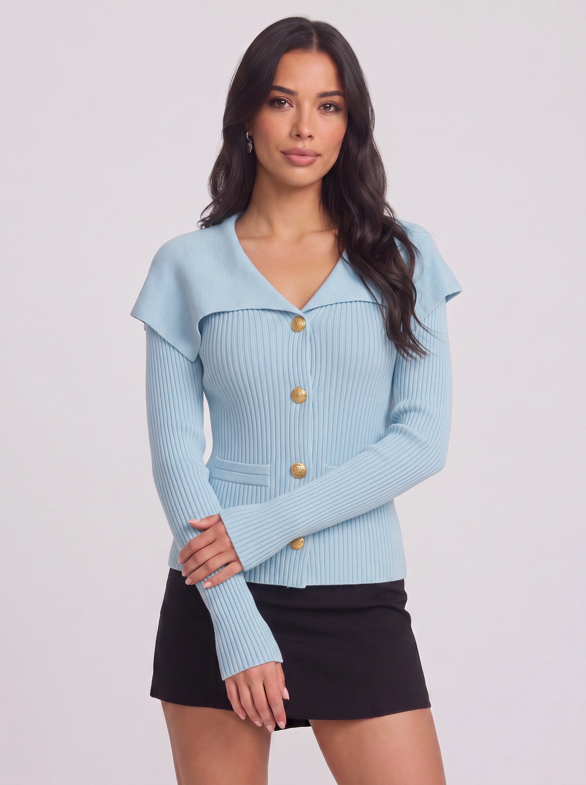 Colinne Ribbed Button-Front Cardigan – Knit Women Office Elegant Gold Button Detail Fitted Cardigan