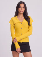 Colinne Ribbed Button-Front Cardigan – Knit Women Office Elegant Gold Button Detail Fitted Cardigan