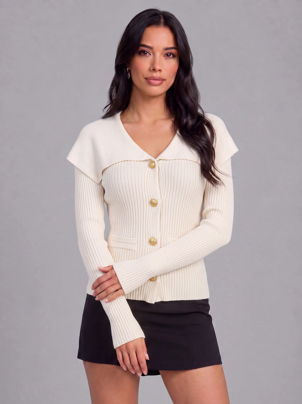 Colinne Ribbed Button-Front Cardigan – Knit Women Office Elegant Gold Button Detail Fitted Cardigan