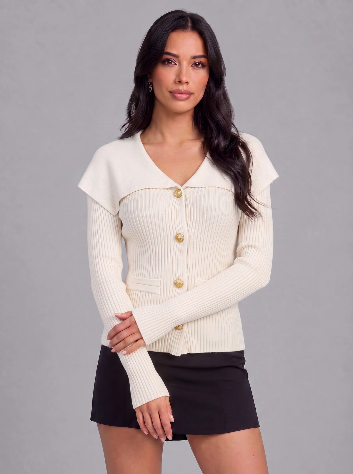 Colinne Ribbed Button-Front Cardigan – Knit Women Office Elegant Gold Button Detail Fitted Cardigan