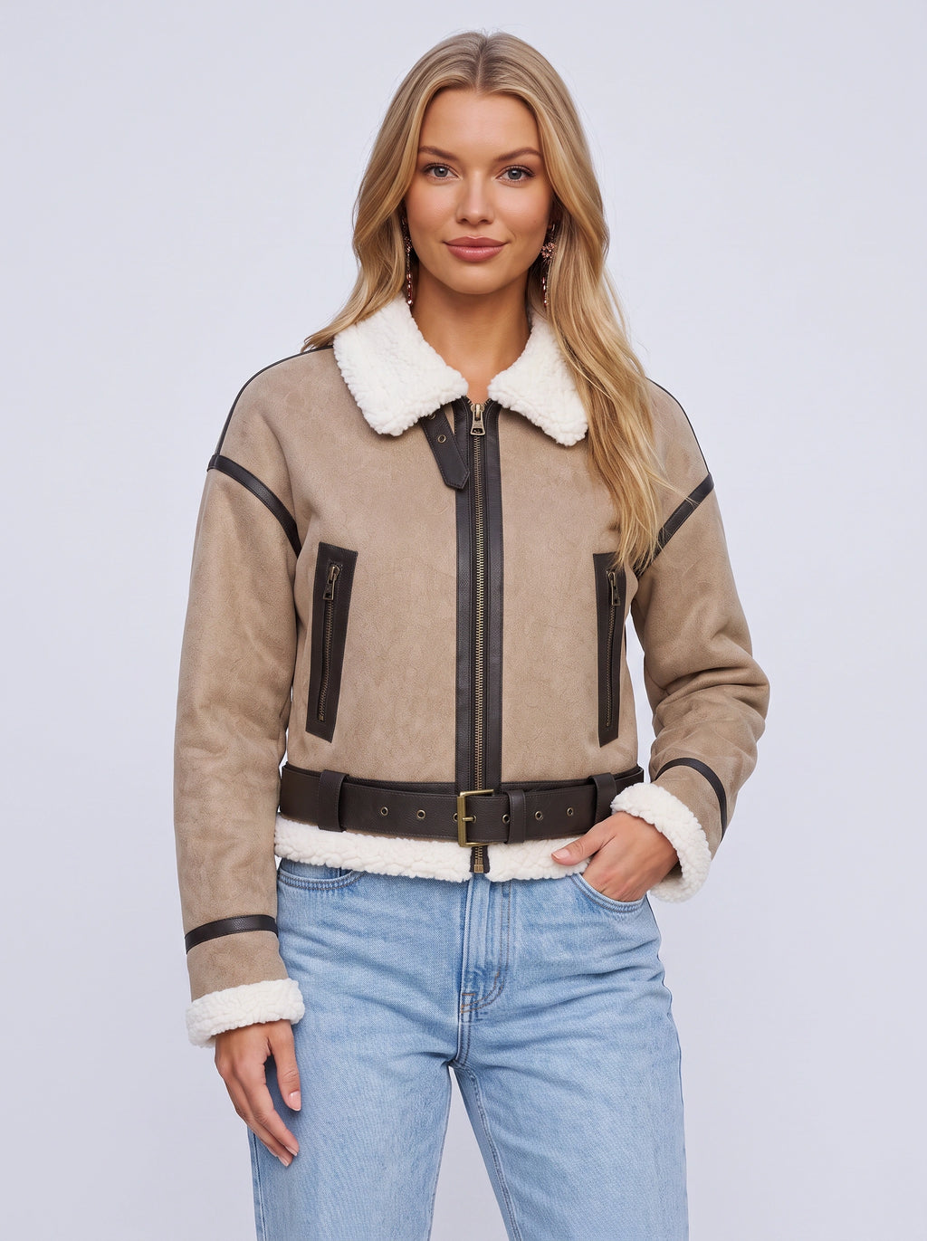 Berlieta Faux Shearling Aviator Jacket – Women Cropped Biker Leather Trim Winter Outerwear Jacket