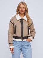 Berlieta Faux Shearling Aviator Jacket – Women Cropped Biker Leather Trim Winter Outerwear Jacket