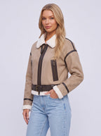 Berlieta Faux Shearling Aviator Jacket – Women Cropped Biker Leather Trim Winter Outerwear Jacket