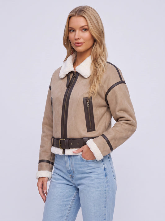 Berlieta Faux Shearling Aviator Jacket – Women Cropped Biker Leather Trim Winter Outerwear Jacket