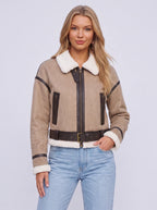 Berlieta Faux Shearling Aviator Jacket – Women Cropped Biker Leather Trim Winter Outerwear Jacket