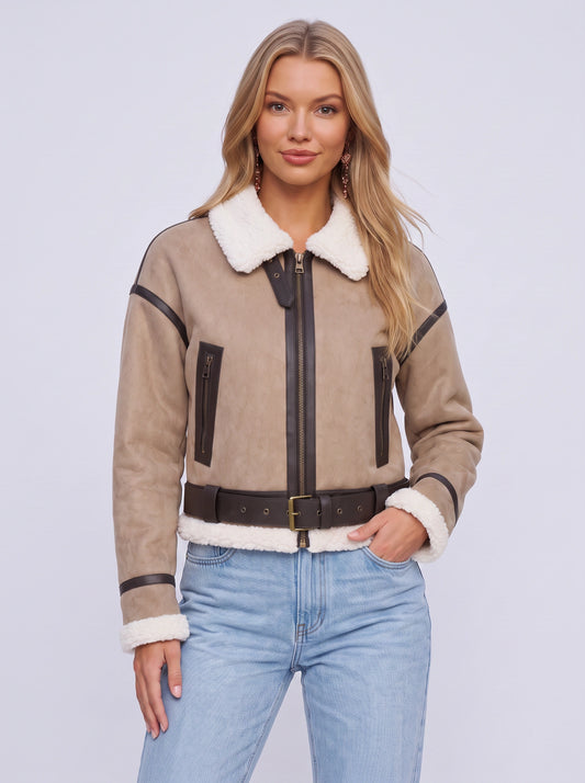 Berlieta Faux Shearling Aviator Jacket – Women Cropped Biker Leather Trim Winter Outerwear Jacket