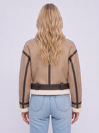 Berlieta Faux Shearling Aviator Jacket – Women Cropped Biker Leather Trim Winter Outerwear Jacket