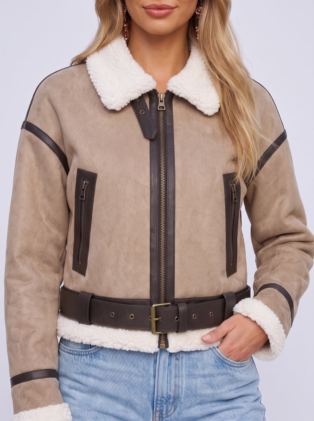 Berlieta Faux Shearling Aviator Jacket – Women Cropped Biker Leather Trim Winter Outerwear Jacket