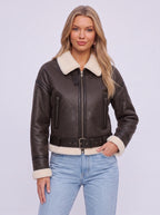 Berlieta Faux Shearling Aviator Jacket – Women Cropped Biker Leather Trim Winter Outerwear Jacket