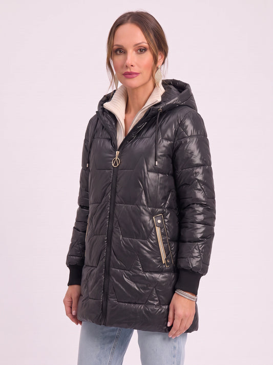 Quiltera Longline Hooded Puffer Jacket – Black Puffer Coat Women Ladies Longline Winter Hood Jacket