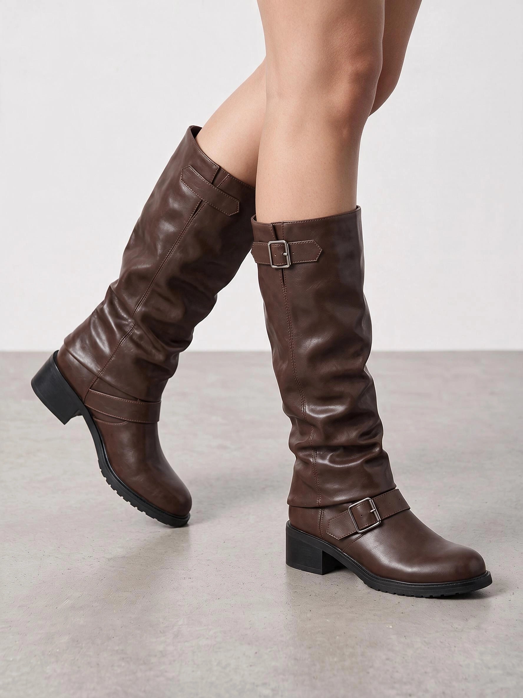 Cinturis Slouchy Knee-High Boots – Double Buckle Strap Women Biker Riding Low Heel Chunky Sole Boots