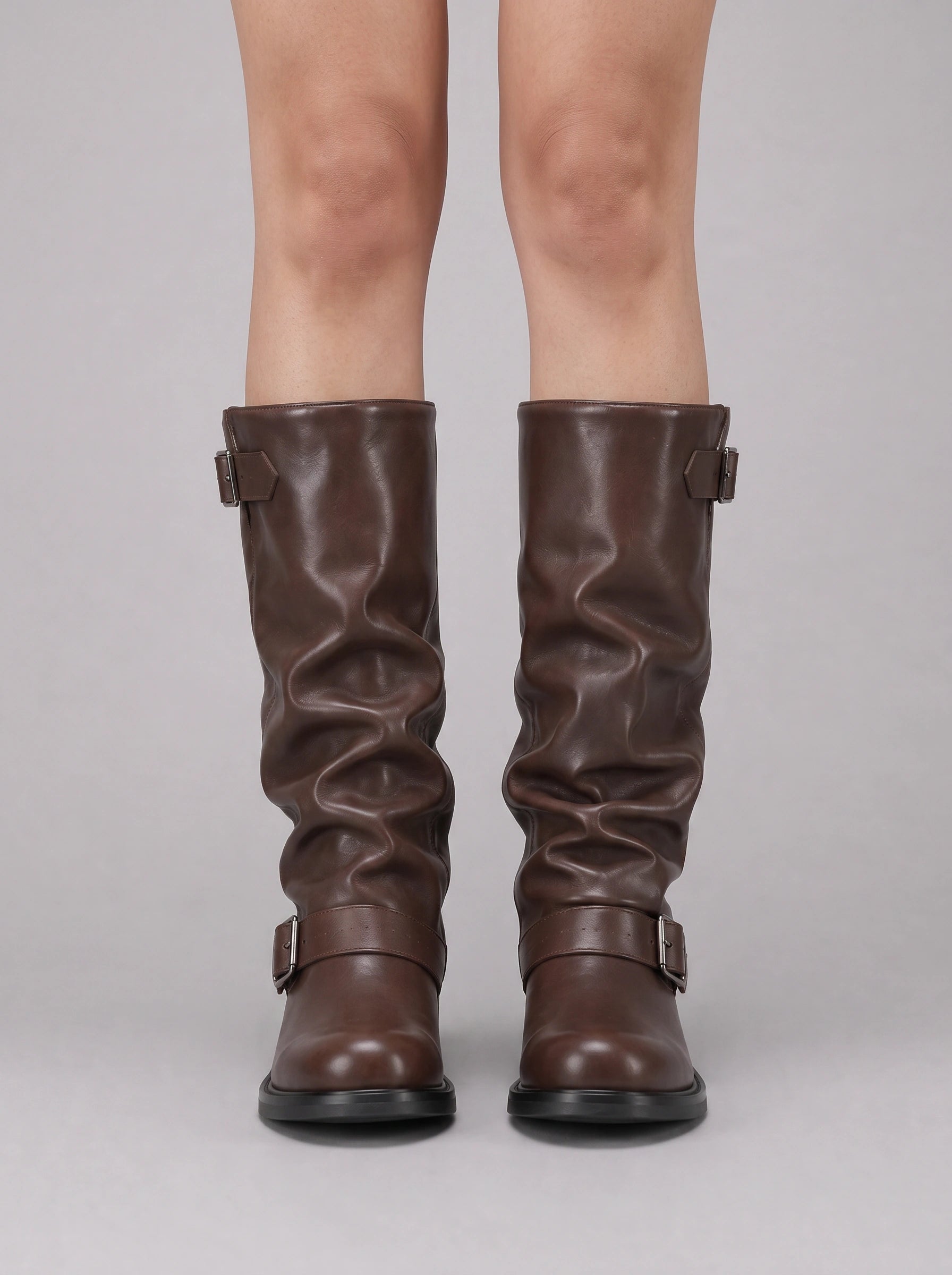 Cinturis Slouchy Knee-High Boots – Double Buckle Strap Women Biker Riding Low Heel Chunky Sole Boots