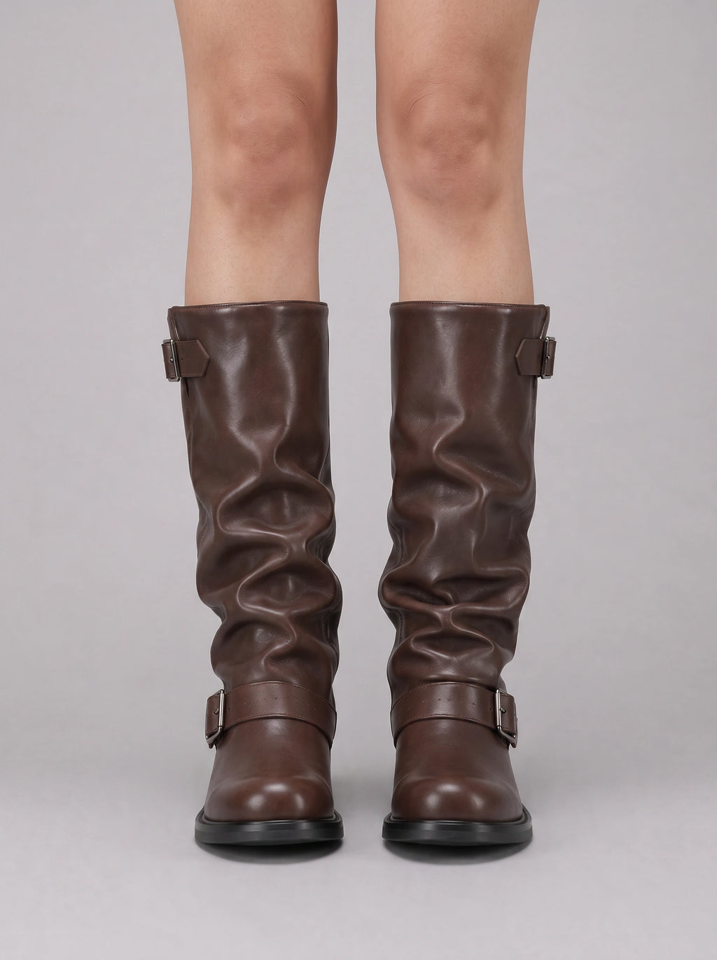 Cinturis Slouchy Knee-High Boots – Double Buckle Strap Women Biker Riding Low Heel Chunky Sole Boots