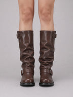 Cinturis Slouchy Knee-High Boots – Double Buckle Strap Women Biker Riding Low Heel Chunky Sole Boots