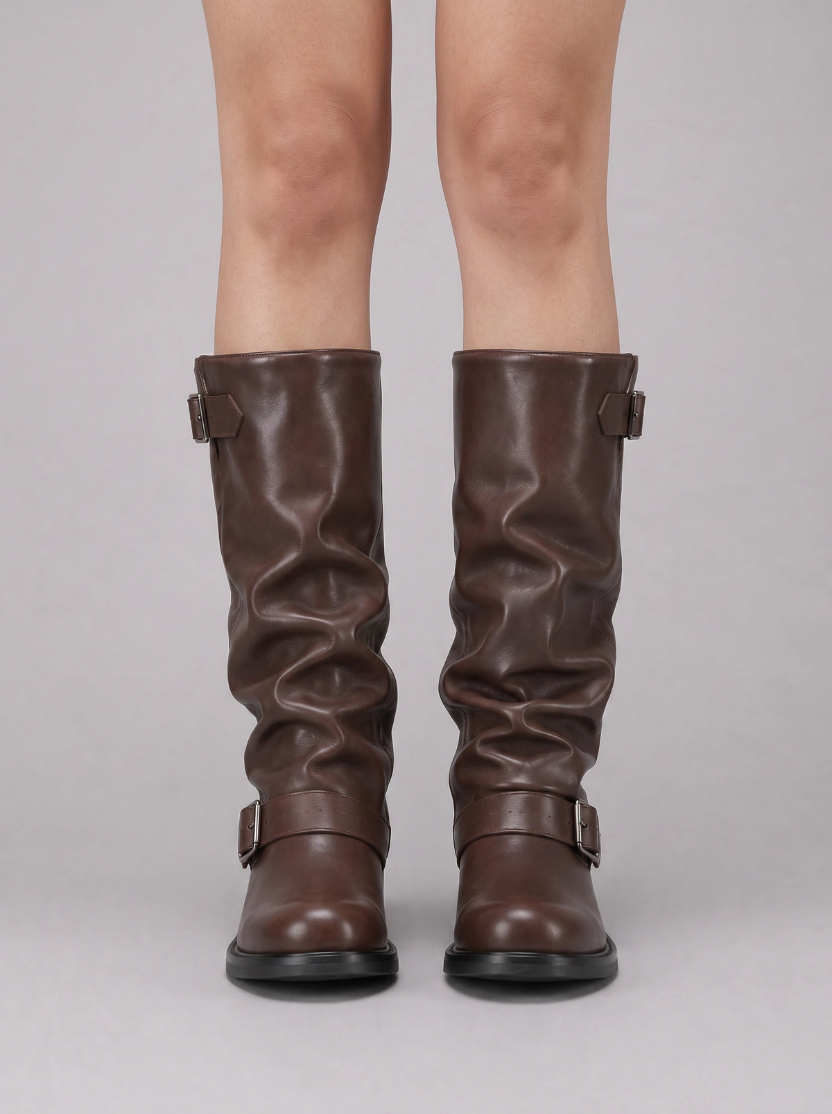 Cinturis Slouchy Knee-High Boots – Double Buckle Strap Women Biker Riding Low Heel Chunky Sole Boots