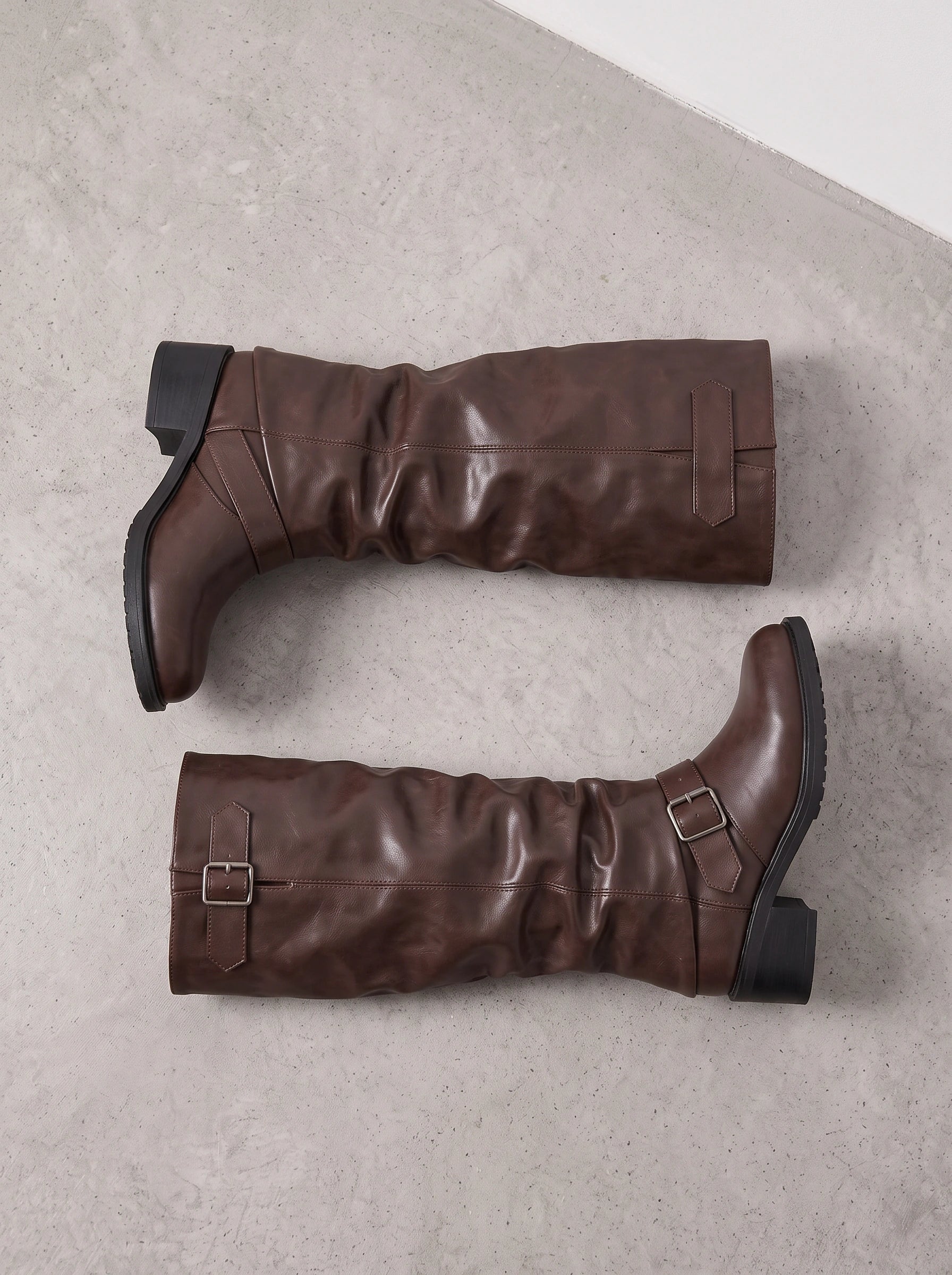 Cinturis Slouchy Knee-High Boots – Double Buckle Strap Women Biker Riding Low Heel Chunky Sole Boots
