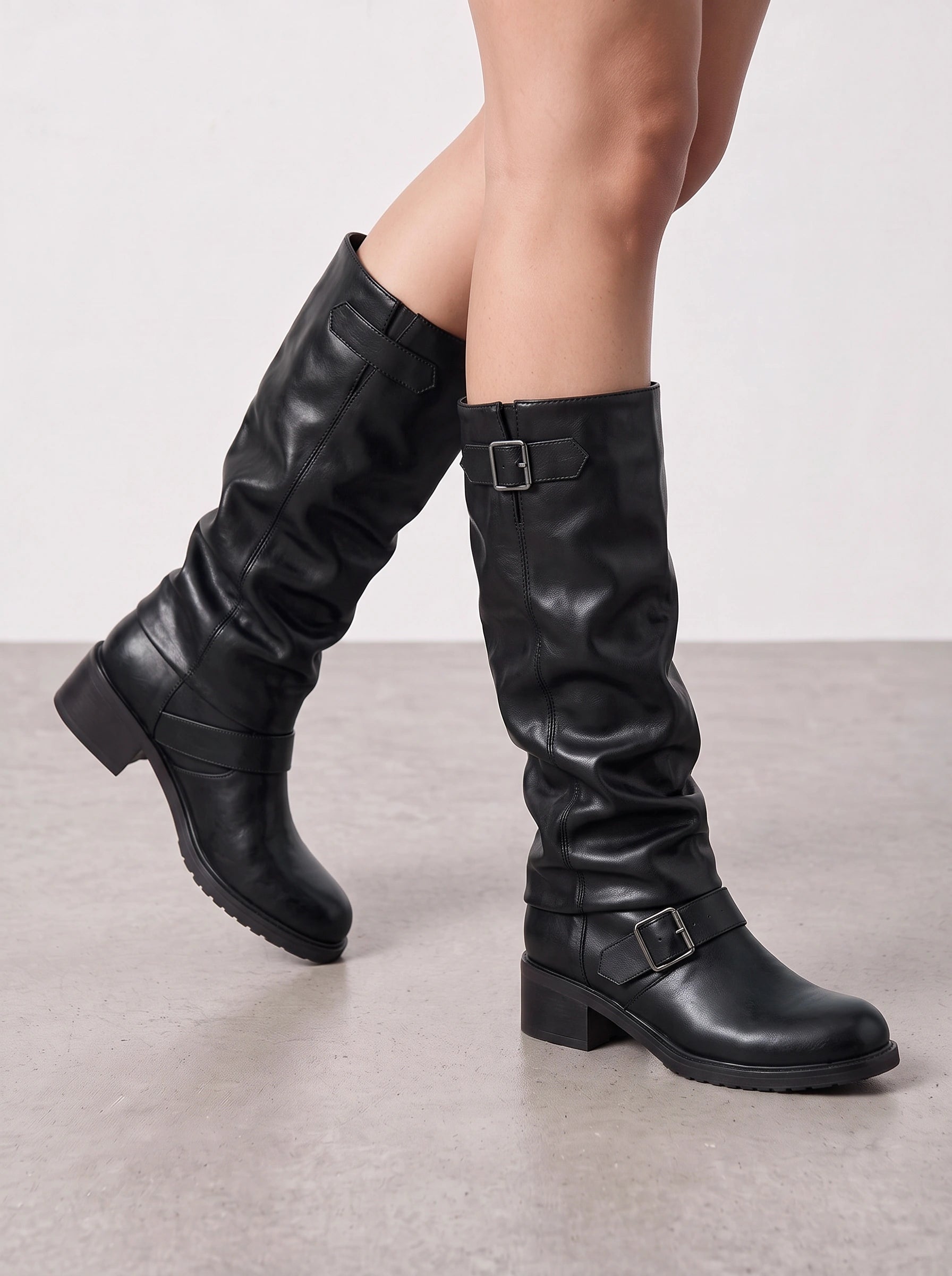 Cinturis Slouchy Knee-High Boots – Double Buckle Strap Women Biker Riding Low Heel Chunky Sole Boots