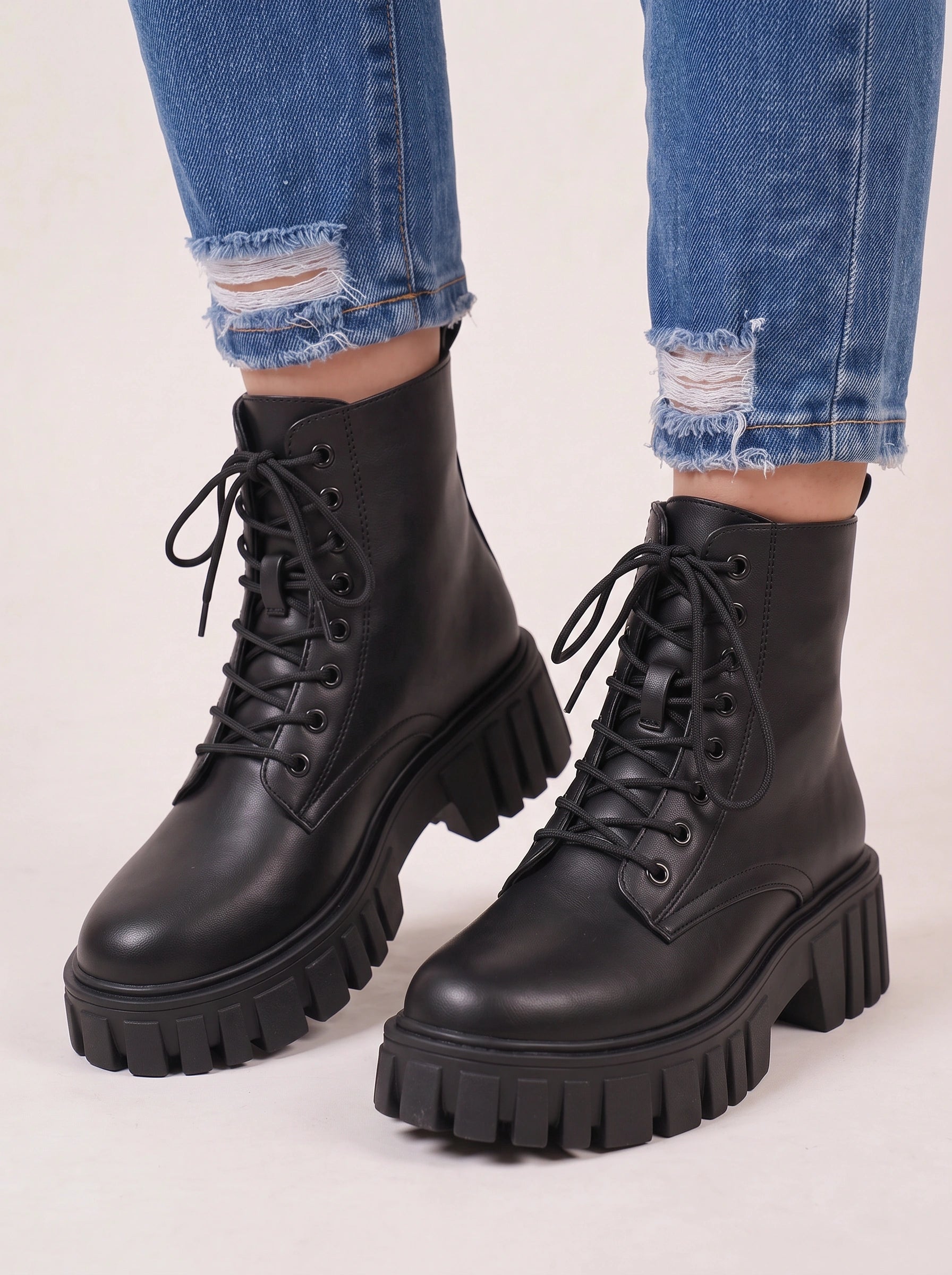 Gridrun Chunky Platform Lace-Up Ankle Boots – Women Goth Punk Combat Biker Black Leather Ankle Boots