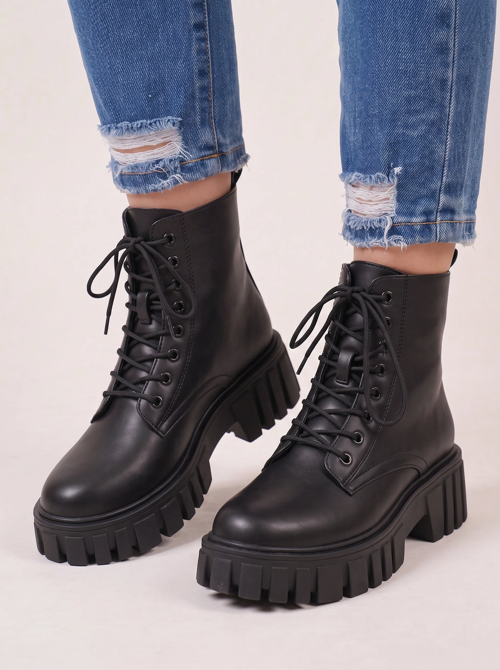 Gridrun Chunky Platform Lace-Up Ankle Boots – Women Goth Punk Combat Biker Black Leather Ankle Boots