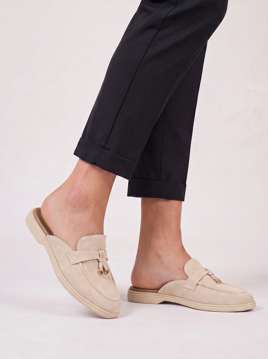 Fibria Backless Loafer Flats – Tan Suede Loafers Women Beige Gold Hardware Flat Backless Loafers