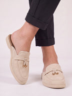 Fibria Backless Loafer Flats – Tan Suede Loafers Women Beige Gold Hardware Flat Backless Loafers