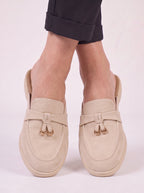 Fibria Backless Loafer Flats – Tan Suede Loafers Women Beige Gold Hardware Flat Backless Loafers