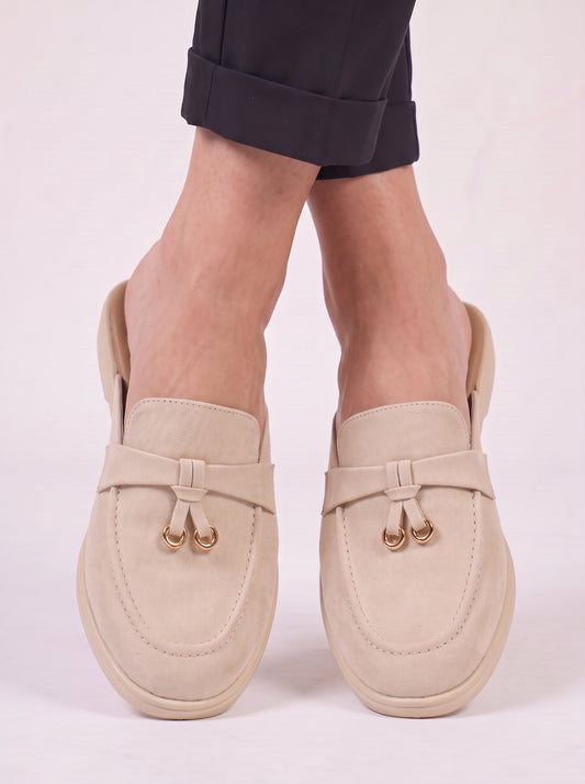 Fibria Backless Loafer Flats – Tan Suede Loafers Women Beige Gold Hardware Flat Backless Loafers