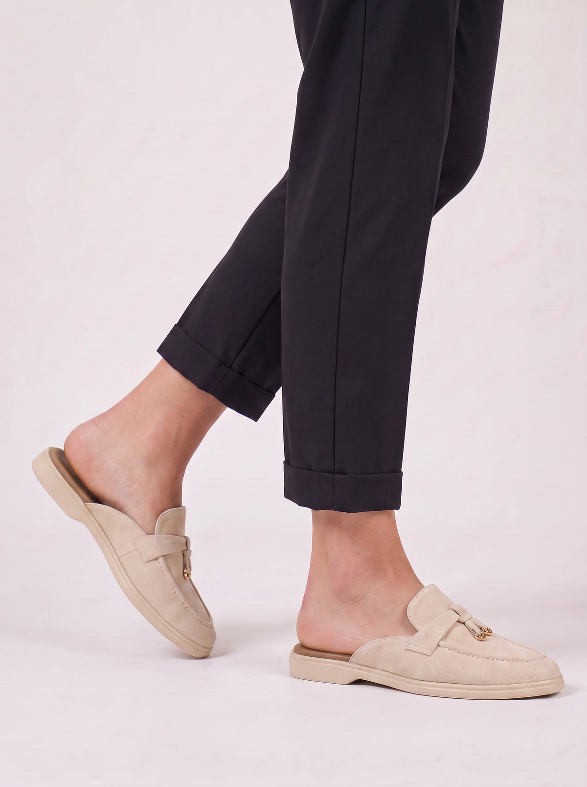 Fibria Backless Loafer Flats – Tan Suede Loafers Women Beige Gold Hardware Flat Backless Loafers