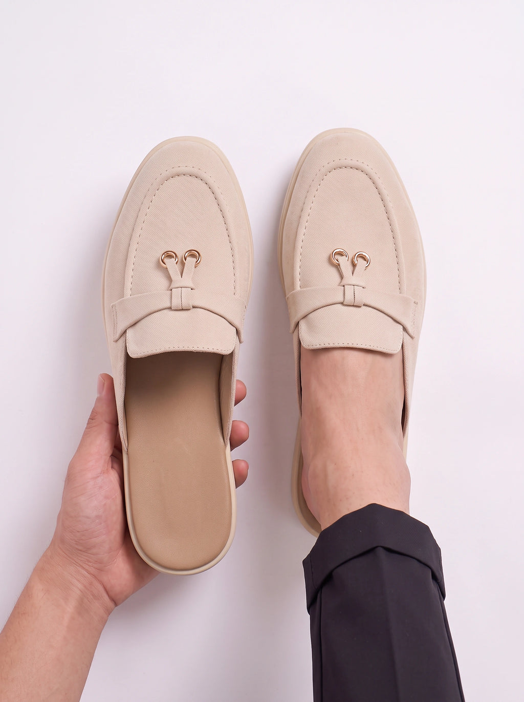 Fibria Backless Loafer Flats – Tan Suede Loafers Women Beige Gold Hardware Flat Backless Loafers