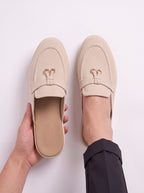 Fibria Backless Loafer Flats – Tan Suede Loafers Women Beige Gold Hardware Flat Backless Loafers