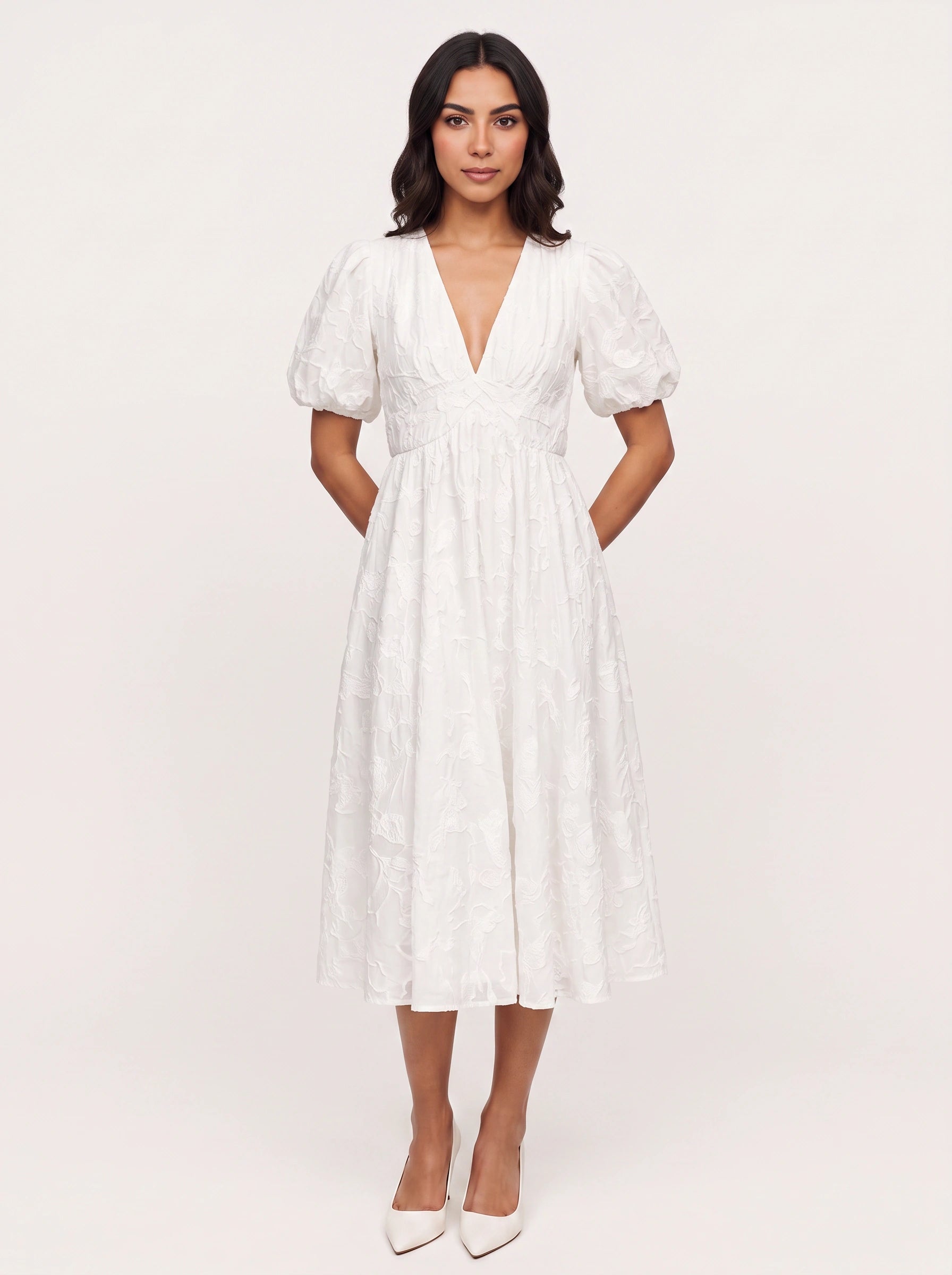 Embria Puff Sleeve Midi Dress – White Embroidered Women Wedding Guest Party Elegant Puff Sleeve Dress