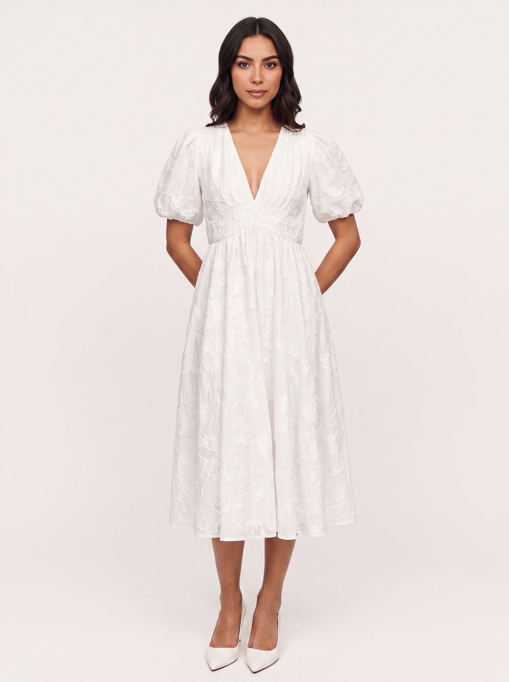 Embria Puff Sleeve Midi Dress – White Embroidered Women Wedding Guest Party Elegant Puff Sleeve Dress