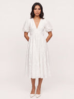 Embria Puff Sleeve Midi Dress – White Embroidered Women Wedding Guest Party Elegant Puff Sleeve Dress