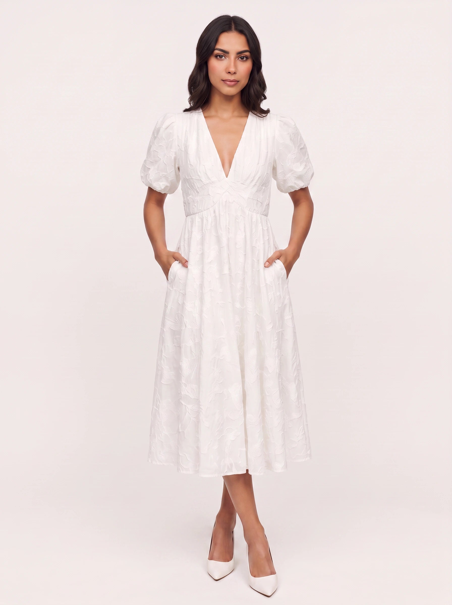 Embria Puff Sleeve Midi Dress – White Embroidered Women Wedding Guest Party Elegant Puff Sleeve Dress