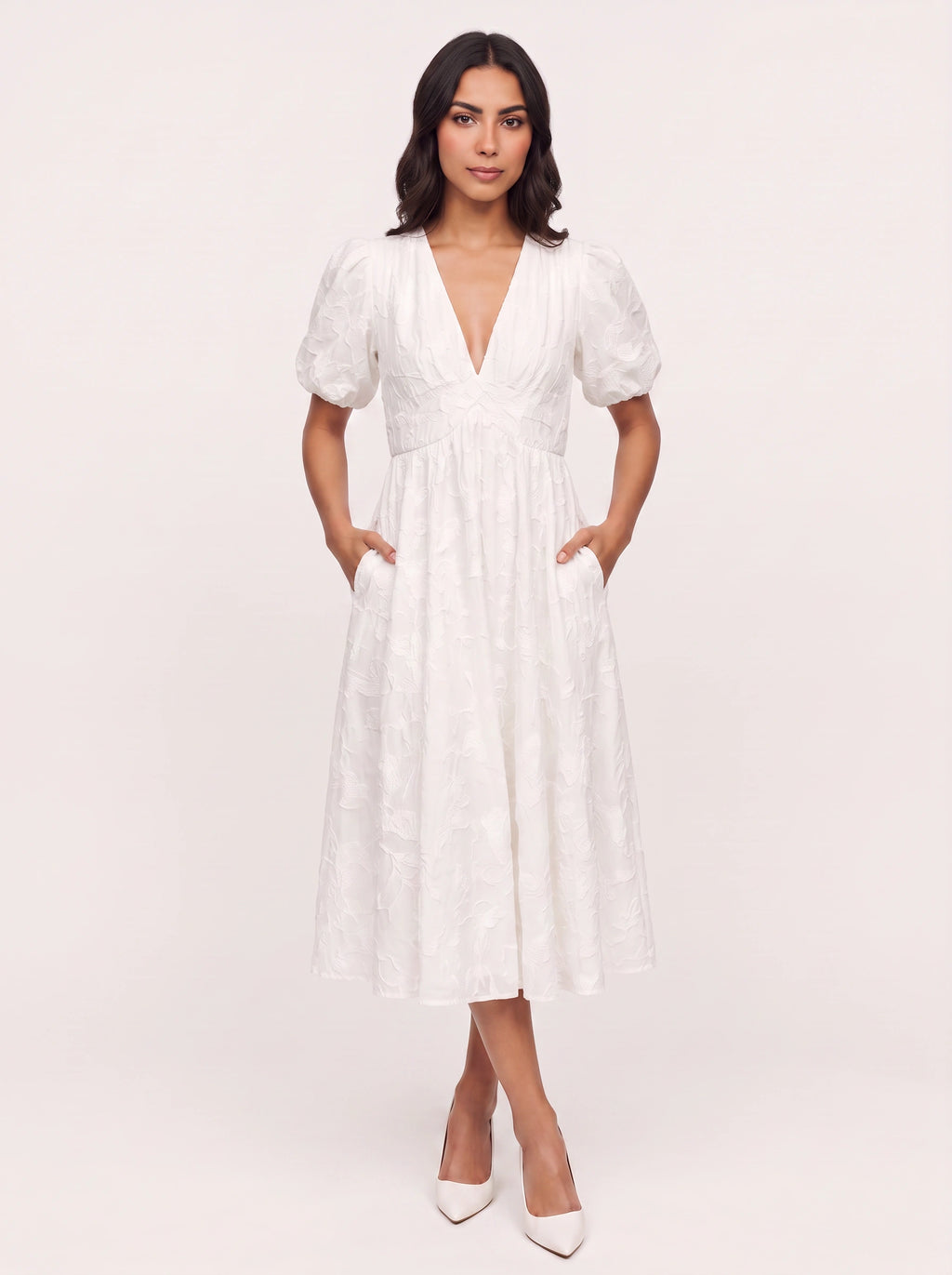 Embria Puff Sleeve Midi Dress – White Embroidered Women Wedding Guest Party Elegant Puff Sleeve Dress