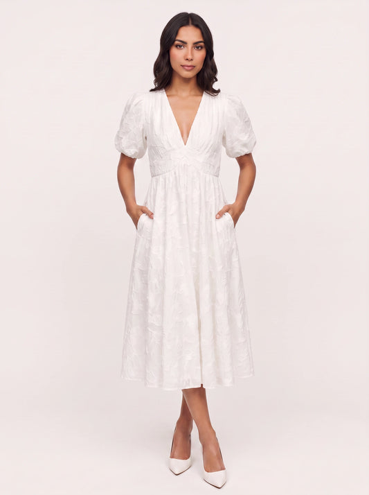 Embria Puff Sleeve Midi Dress – White Embroidered Women Wedding Guest Party Elegant Puff Sleeve Dress