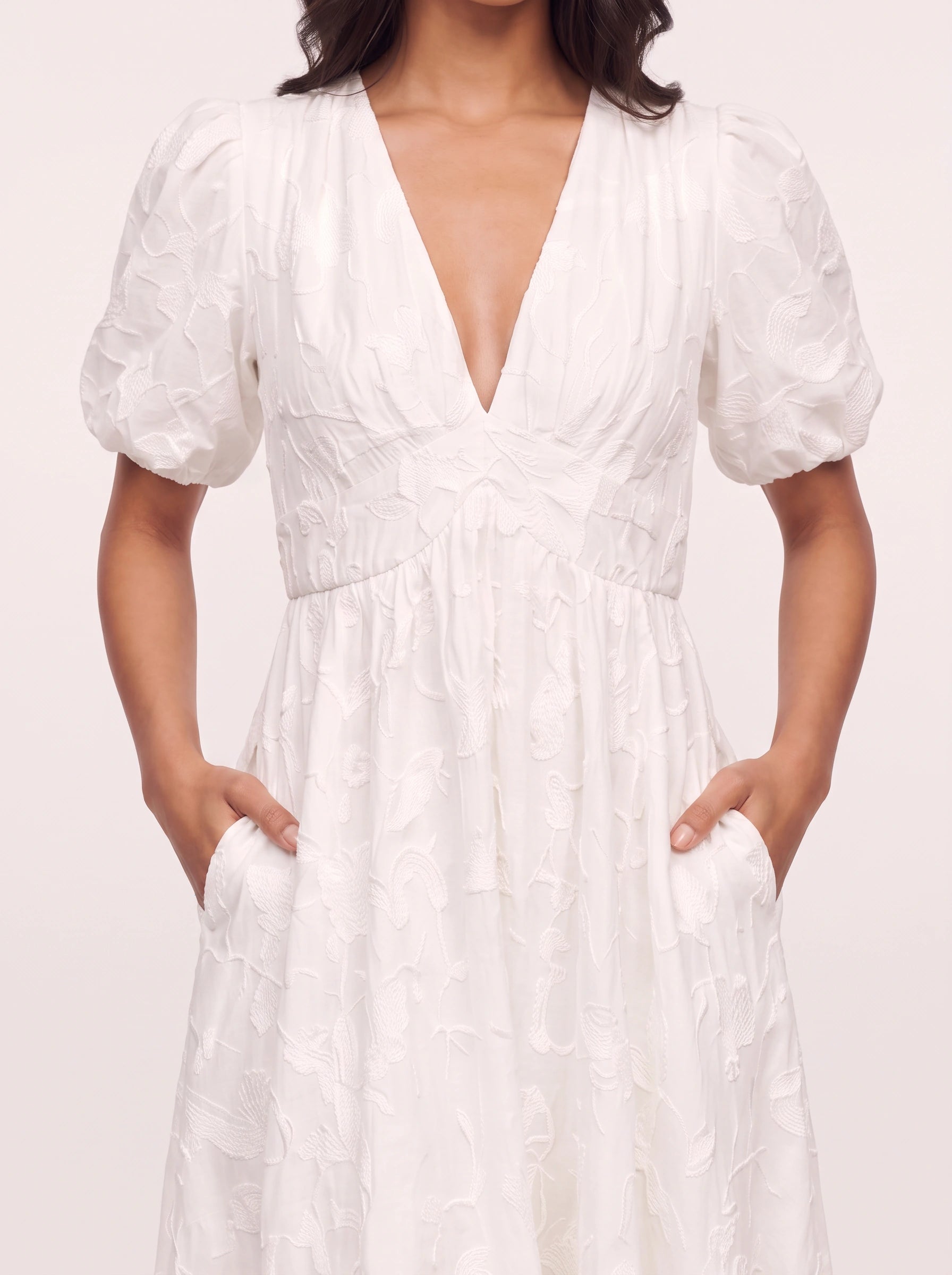 Embria Puff Sleeve Midi Dress – White Embroidered Women Wedding Guest Party Elegant Puff Sleeve Dress