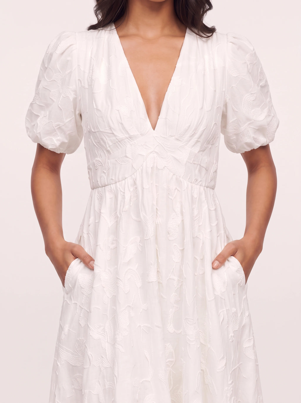 Embria Puff Sleeve Midi Dress – White Embroidered Women Wedding Guest Party Elegant Puff Sleeve Dress