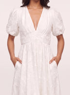 Embria Puff Sleeve Midi Dress – White Embroidered Women Wedding Guest Party Elegant Puff Sleeve Dress