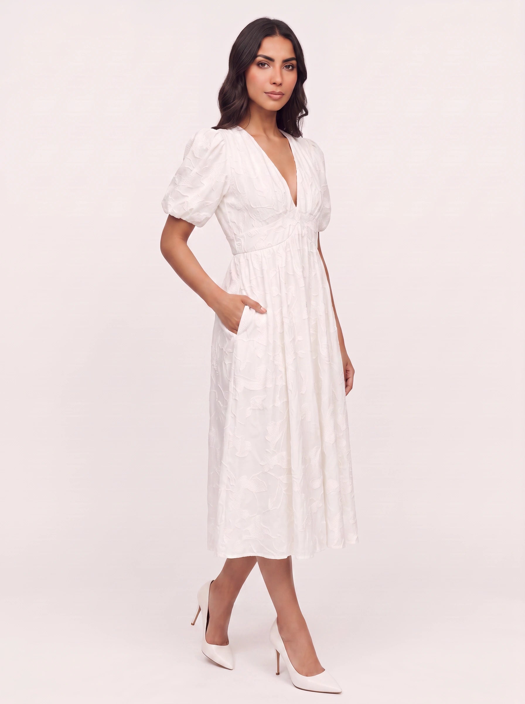 Embria Puff Sleeve Midi Dress – White Embroidered Women Wedding Guest Party Elegant Puff Sleeve Dress