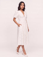 Embria Puff Sleeve Midi Dress – White Embroidered Women Wedding Guest Party Elegant Puff Sleeve Dress