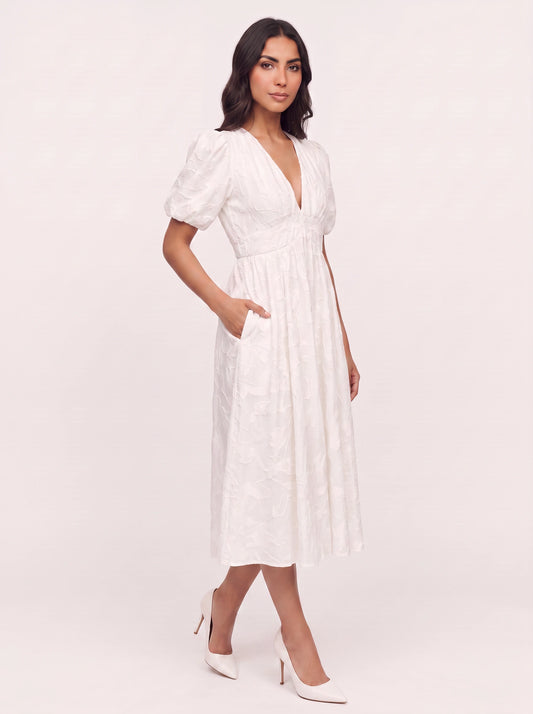 Embria Puff Sleeve Midi Dress – White Embroidered Women Wedding Guest Party Elegant Puff Sleeve Dress