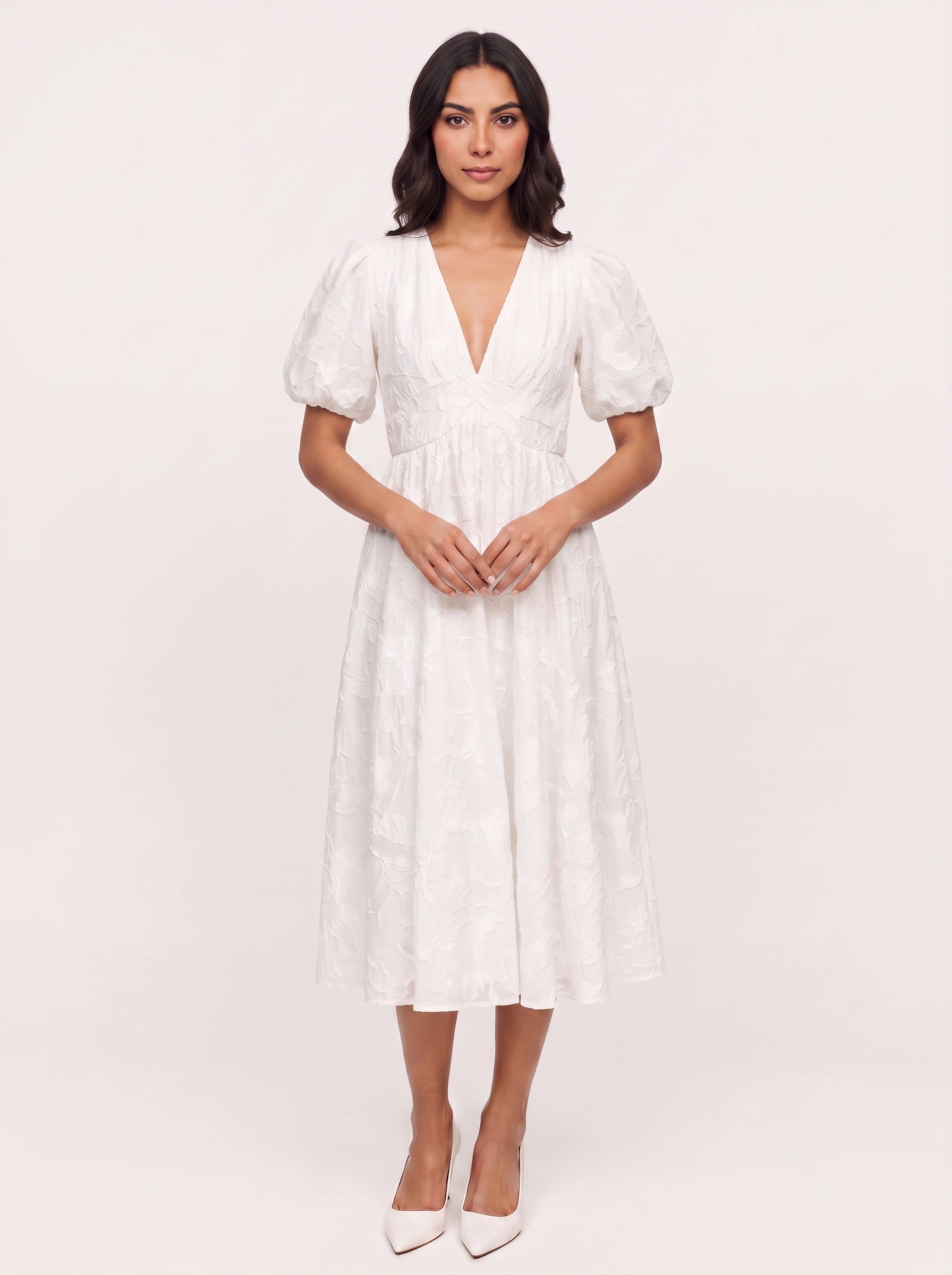 Embria Puff Sleeve Midi Dress – White Embroidered Women Wedding Guest Party Elegant Puff Sleeve Dress
