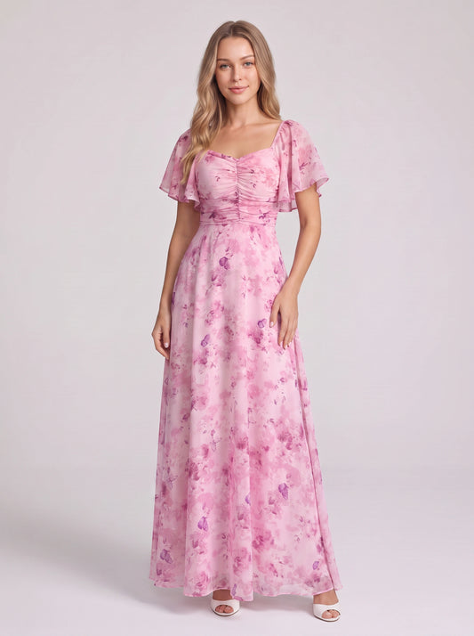 Petalia Flutter Sleeve Maxi Dress – Floral Pink Maxi Dress Women Wedding Guest Formal Evening Long Dress