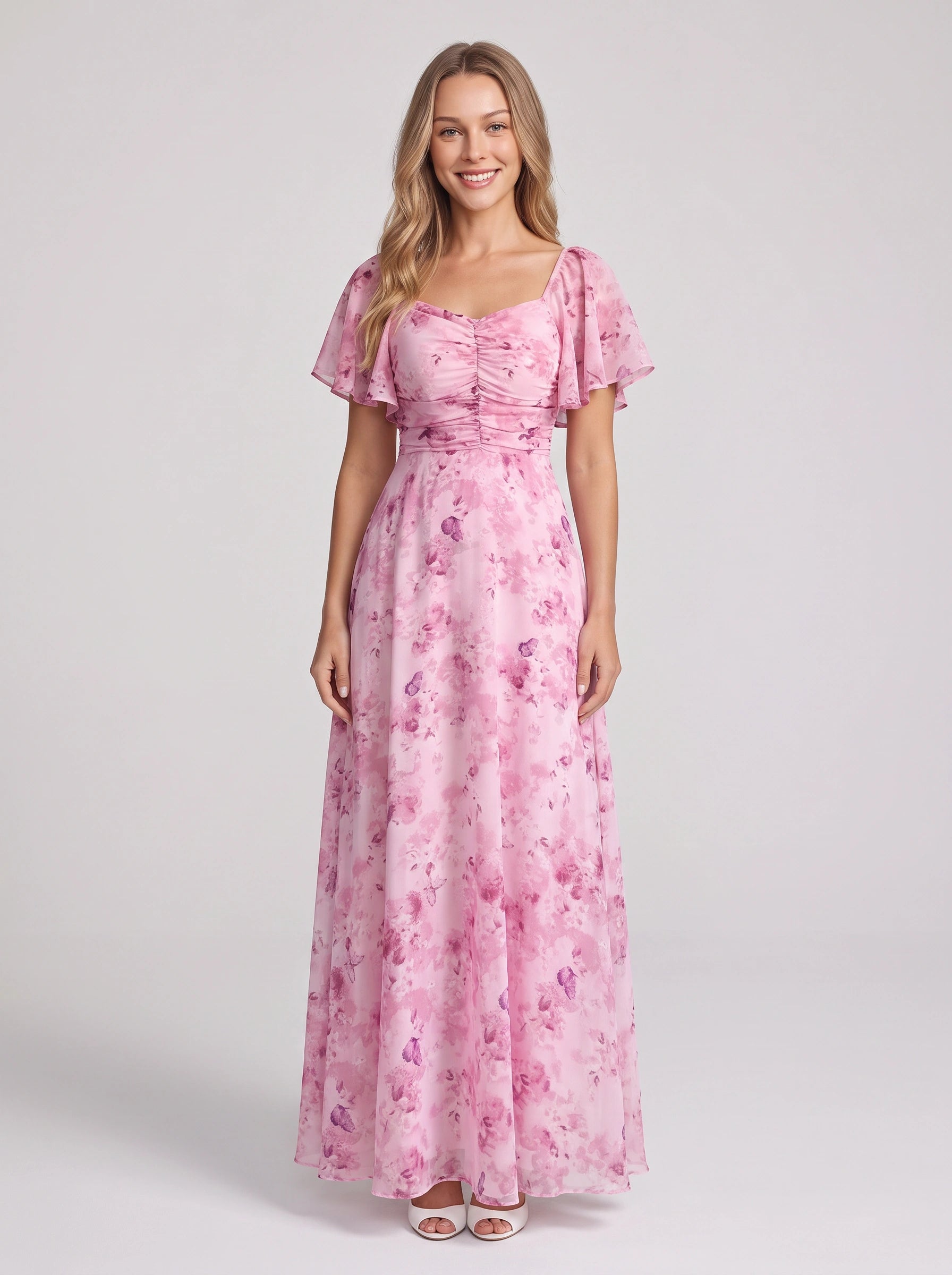 Petalia Flutter Sleeve Maxi Dress – Floral Pink Maxi Dress Women Wedding Guest Formal Evening Long Dress