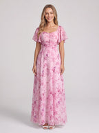 Petalia Flutter Sleeve Maxi Dress – Floral Pink Maxi Dress Women Wedding Guest Formal Evening Long Dress