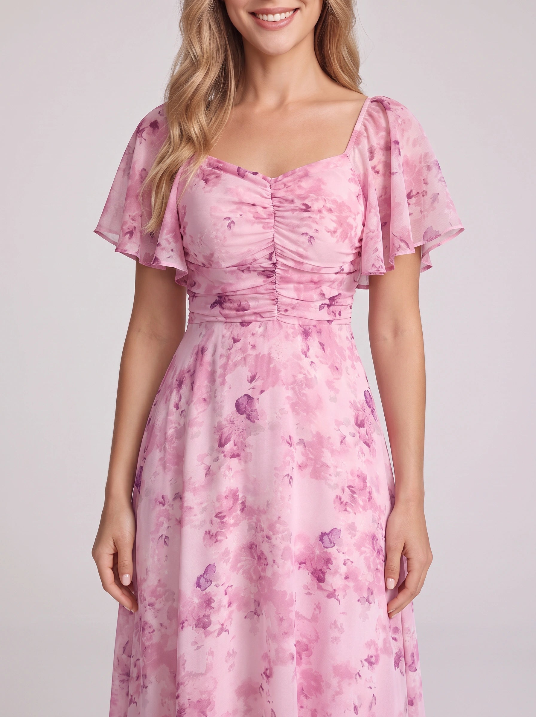 Petalia Flutter Sleeve Maxi Dress – Floral Pink Maxi Dress Women Wedding Guest Formal Evening Long Dress